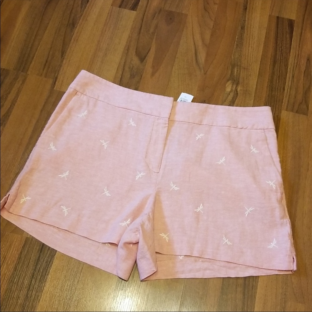 LOFT Pink White Embroidered Dragonfly NWT Linen Shorts, Size 10